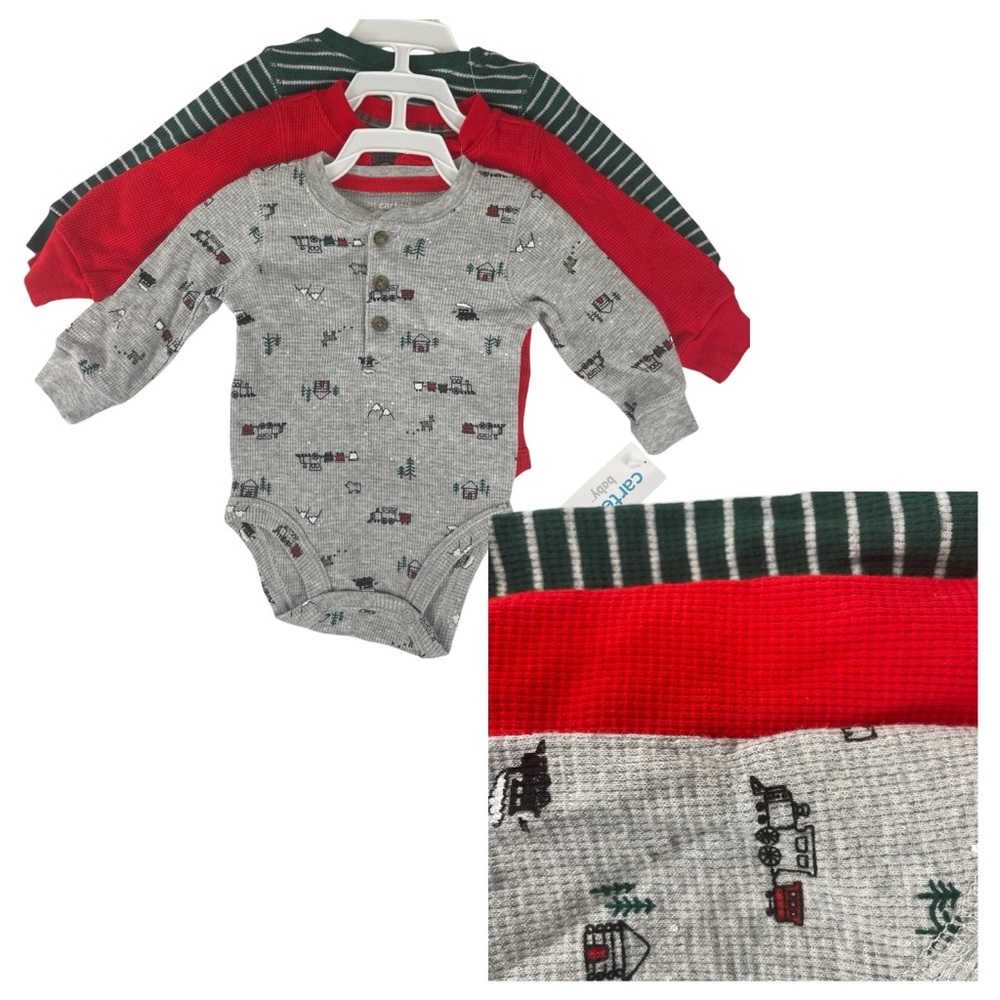 Carter's Baby 3 Pack Long Sleeve Henley Thermal Christmas Holiday Bodysuits 3mos